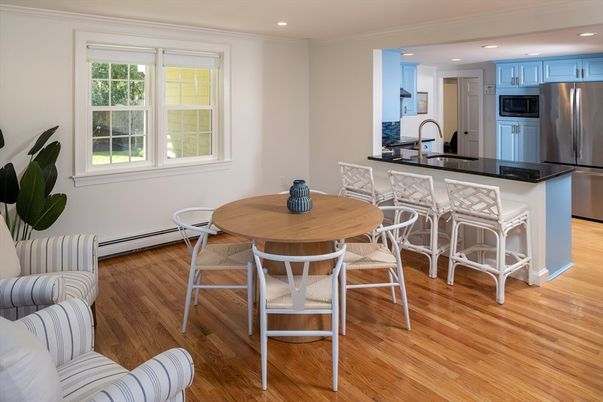 Dining room, Interior, Kitchen, Recessed Lighting, Stainless Steel Appliances, Wood Texture Flooring