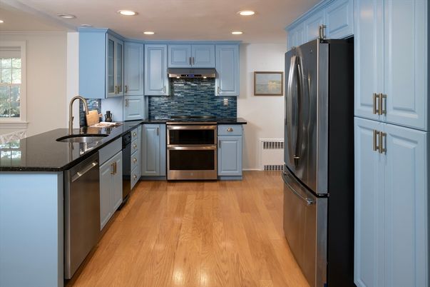 Interior, Kitchen, Recessed Lighting, Stainless Steel Appliances, Wood Texture Flooring