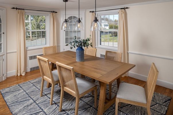 Dining room, Interior, Pendant Lights, Wood Texture Flooring