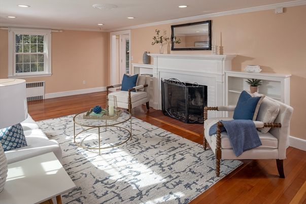 Fireplace, Interior, Living room, Recessed Lighting, Wood Texture Flooring