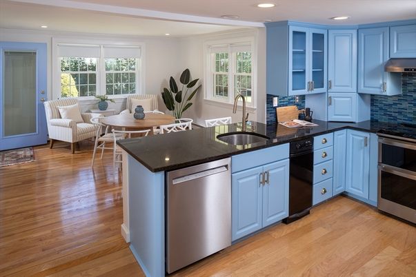 Dining room, Interior, Kitchen, Recessed Lighting, Stainless Steel Appliances, Wood Texture Flooring