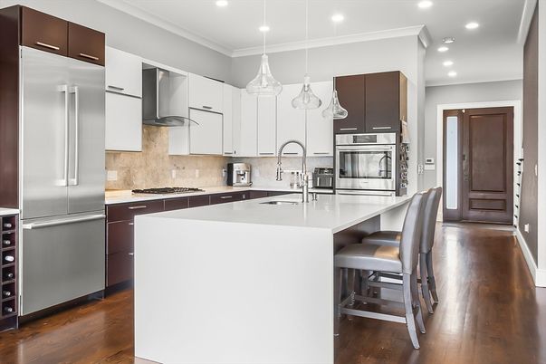 Interior, Kitchen, Pendant Lights, Recessed Lighting, Stainless Steel Appliances, Wood Texture Flooring