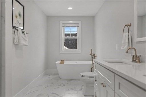 Bathroom, Free Standing Baths, Interior, Marble, Recessed Lighting