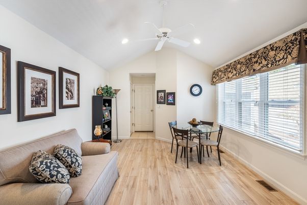 Dining room, Interior, Recessed Lighting, Wood Texture Flooring