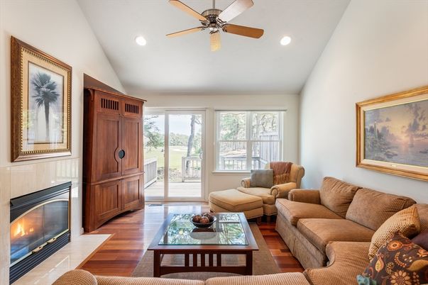 Fireplace, Interior, Living room, Recessed Lighting, Wood Texture Flooring