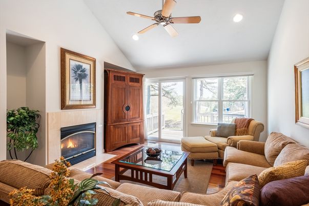 Fireplace, Interior, Living room, Recessed Lighting, Wood Texture Flooring