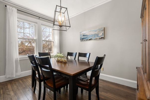 Dining room, Interior, Pendant Lights, Wood Texture Flooring