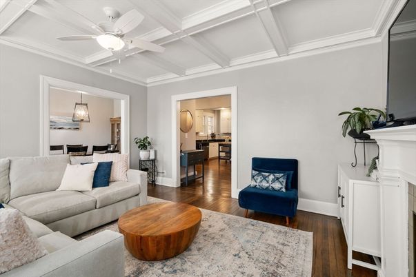 Dining room, Fireplace, Interior, Living room, Pendant Lights, Wood Texture Flooring