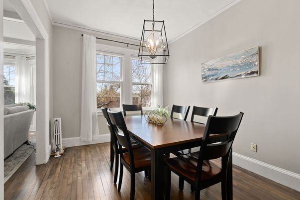 Dining room, Interior, Pendant Lights, Wood Texture Flooring