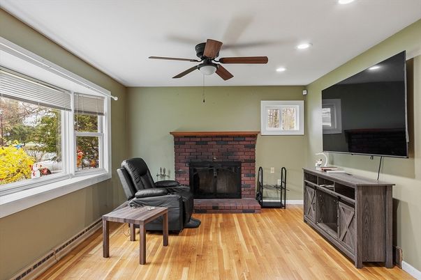 Fireplace, Interior, Recessed Lighting, Wood Texture Flooring