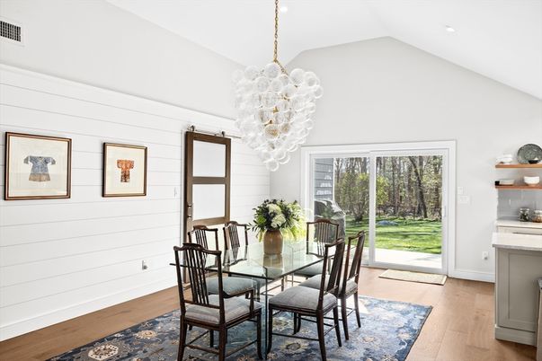 Chandelier, Dining room, Interior, Recessed Lighting, Wood Texture Flooring