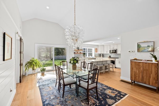 Chandelier, Dining room, Interior, Kitchen, Recessed Lighting, Stainless Steel Appliances, Wood Texture Flooring