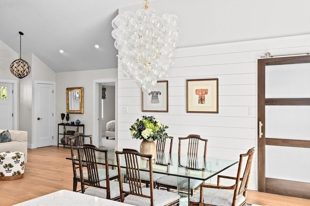 Chandelier, Dining room, Interior, Pendant Lights, Recessed Lighting, Wood Texture Flooring