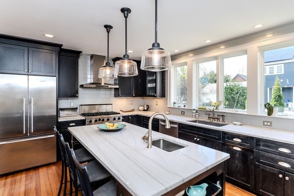 Interior, Kitchen, Pendant Lights, Recessed Lighting, Stainless Steel Appliances, Wood Texture Flooring