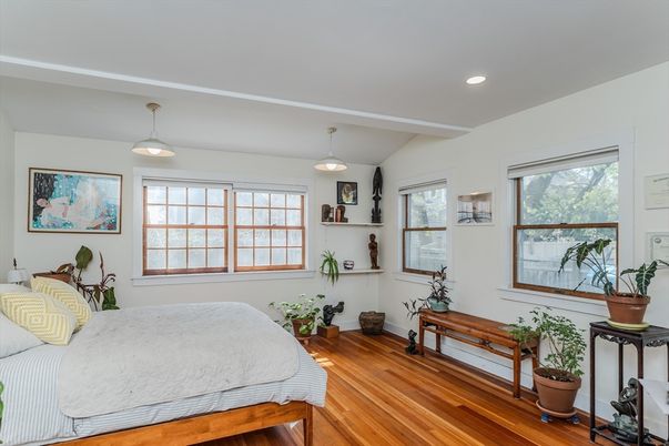 Bedroom, Interior, Pendant Lights, Recessed Lighting, Wood Texture Flooring