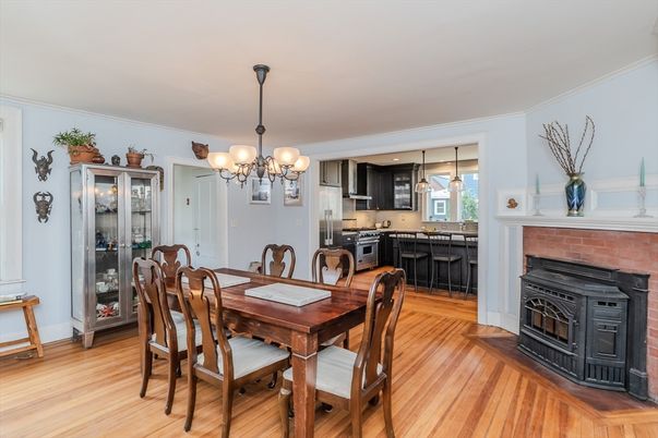Chandelier, Dining room, Fireplace, Interior, Kitchen, Pendant Lights, Wood Texture Flooring