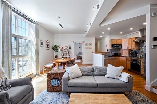 Fireplace, Interior, Kitchen, Recessed Lighting, Wood Texture Flooring