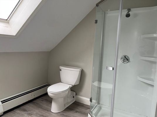 Bathroom, Glass Shower, Interior, Wood Texture Flooring
