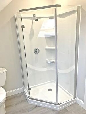 Bathroom, Glass Shower, Interior, Wood Texture Flooring