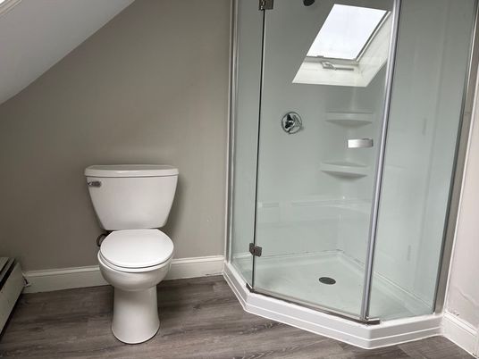 Bathroom, Glass Shower, Interior, Wood Texture Flooring