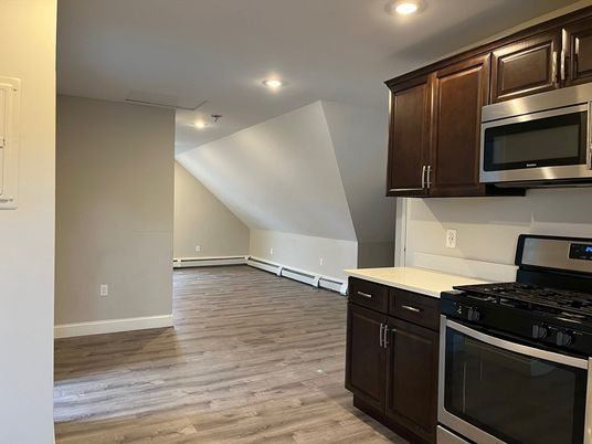 Interior, Kitchen, Recessed Lighting, Stainless Steel Appliances, Wood Texture Flooring