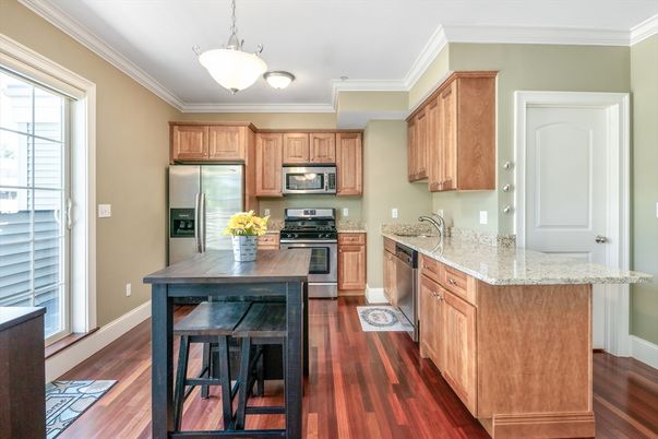 Interior, Kitchen, Pendant Lights, Stainless Steel Appliances, Wood Texture Flooring