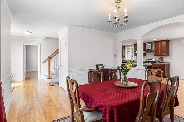 Chandelier, Dining room, Interior, Kitchen, Recessed Lighting, Wood Texture Flooring