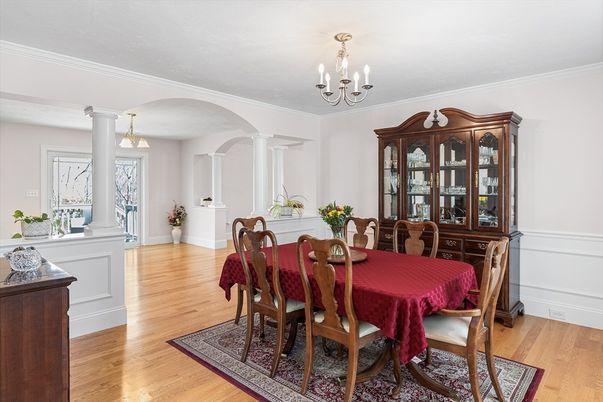 Chandelier, Dining room, Interior, Wood Texture Flooring