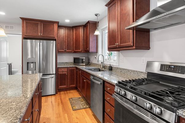 Interior, Kitchen, Pendant Lights, Recessed Lighting, Stainless Steel Appliances, Wood Texture Flooring