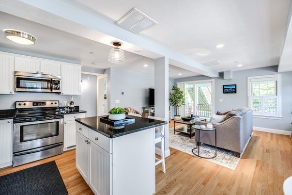 Interior, Kitchen, Living room, Recessed Lighting, Stainless Steel Appliances, Wood Texture Flooring
