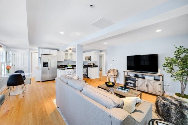 Interior, Kitchen, Living room, Recessed Lighting, Stainless Steel Appliances, Wood Texture Flooring