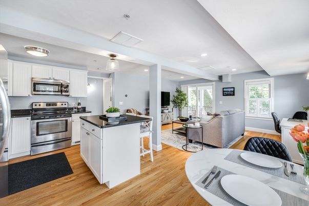 Dining room, Interior, Kitchen, Living room, Recessed Lighting, Stainless Steel Appliances, Wood Texture Flooring