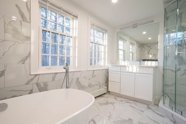 Bathroom, Dual Sink Vanities, Free Standing Baths, Glass Shower, Interior, Marble, Marble Walls, Recessed Lighting