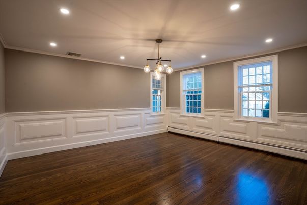 Empty room, Interior, Pendant Lights, Recessed Lighting, Wood Texture Flooring