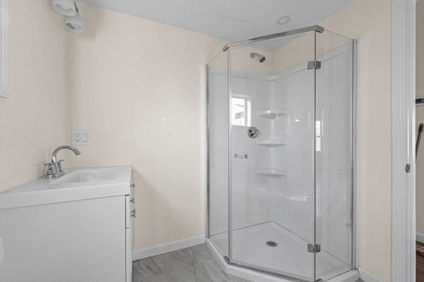 Bathroom, Glass Shower, Interior, Wood Texture Flooring