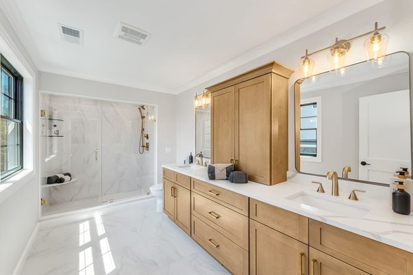 Bathroom, Dual Sink Vanities, Glass Shower, Interior, Marble, Marble Walls