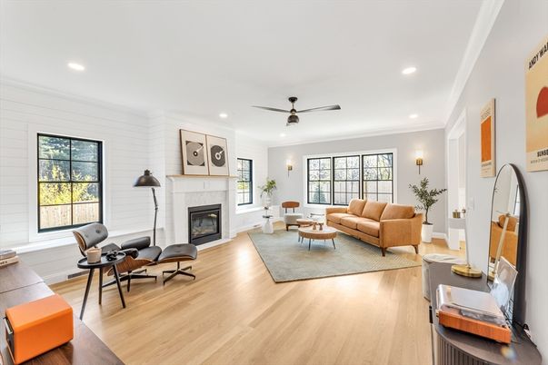 Fireplace, Interior, Living room, Recessed Lighting, Wood Texture Flooring