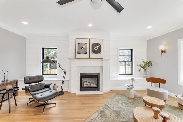 Fireplace, Interior, Living room, Recessed Lighting, Wood Texture Flooring