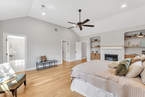 Bedroom, Fireplace, Interior, Recessed Lighting, Wood Texture Flooring