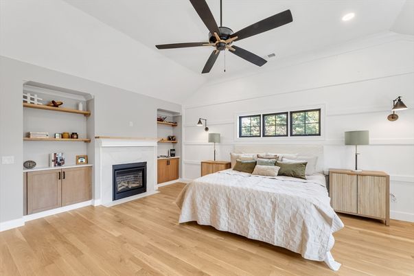 Bedroom, Fireplace, Interior, Recessed Lighting, Wood Texture Flooring