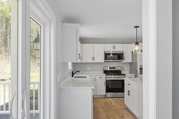 Interior, Kitchen, Pendant Lights, Stainless Steel Appliances, Wood Texture Flooring