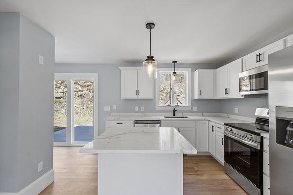 Interior, Kitchen, Pendant Lights, Stainless Steel Appliances, Wood Texture Flooring