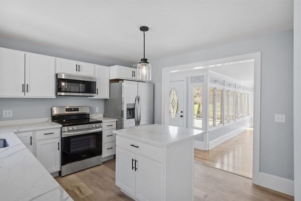 Interior, Kitchen, Pendant Lights, Stainless Steel Appliances, Wood Texture Flooring