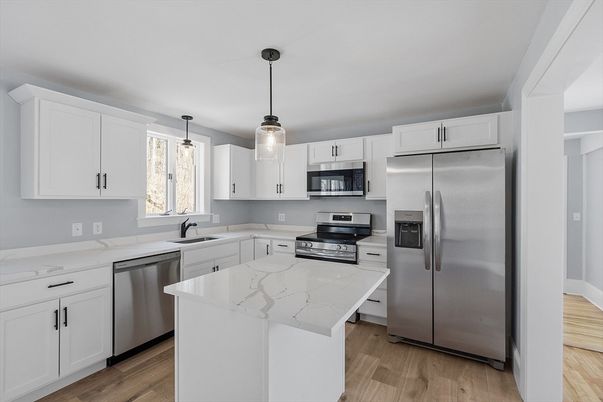 Interior, Kitchen, Pendant Lights, Stainless Steel Appliances, Wood Texture Flooring