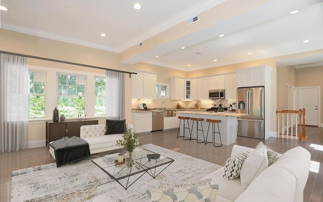 Interior, Kitchen, Living room, Recessed Lighting, Stainless Steel Appliances, Wood Texture Flooring