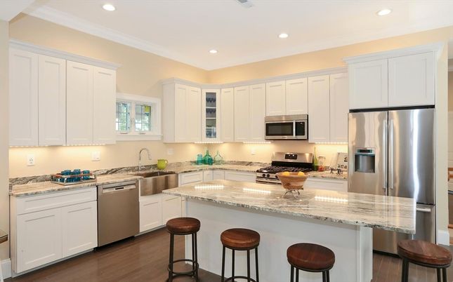 Interior, Kitchen, Recessed Lighting, Stainless Steel Appliances, Wood Texture Flooring