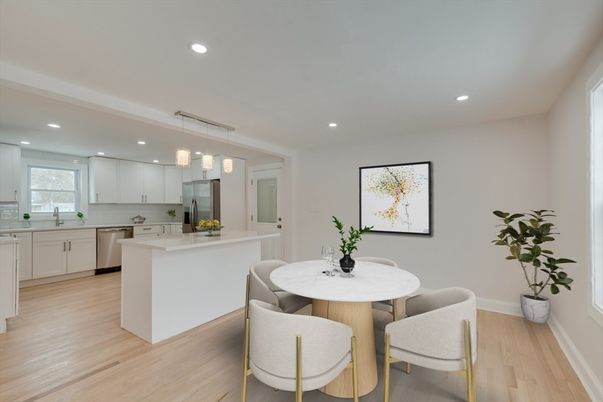 Dining room, Interior, Kitchen, Pendant Lights, Recessed Lighting, Stainless Steel Appliances, Wood Texture Flooring