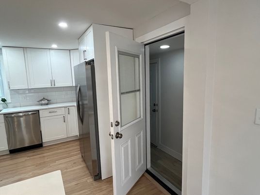 Interior, Kitchen, Recessed Lighting, Stainless Steel Appliances, Wood Texture Flooring