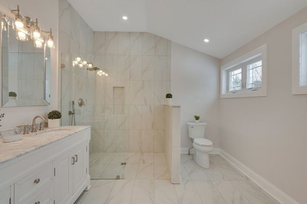 Bathroom, Glass Shower, Interior, Marble, Marble Walls, Recessed Lighting