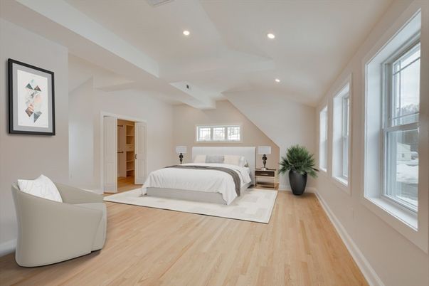 Bedroom, Interior, Recessed Lighting, Wood Texture Flooring